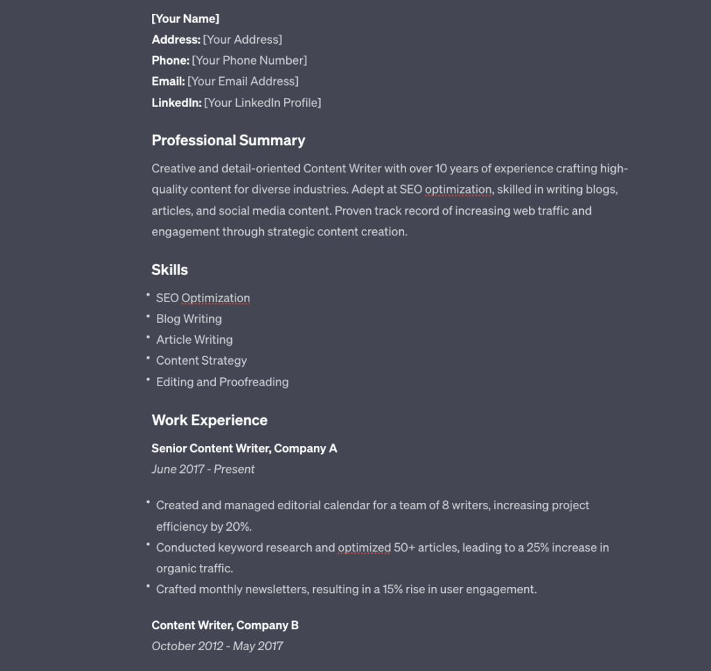 How to Write a Resume With ChatGPT And Get Hired? 2 Example of what ChatGPT responded with after the resume prompt