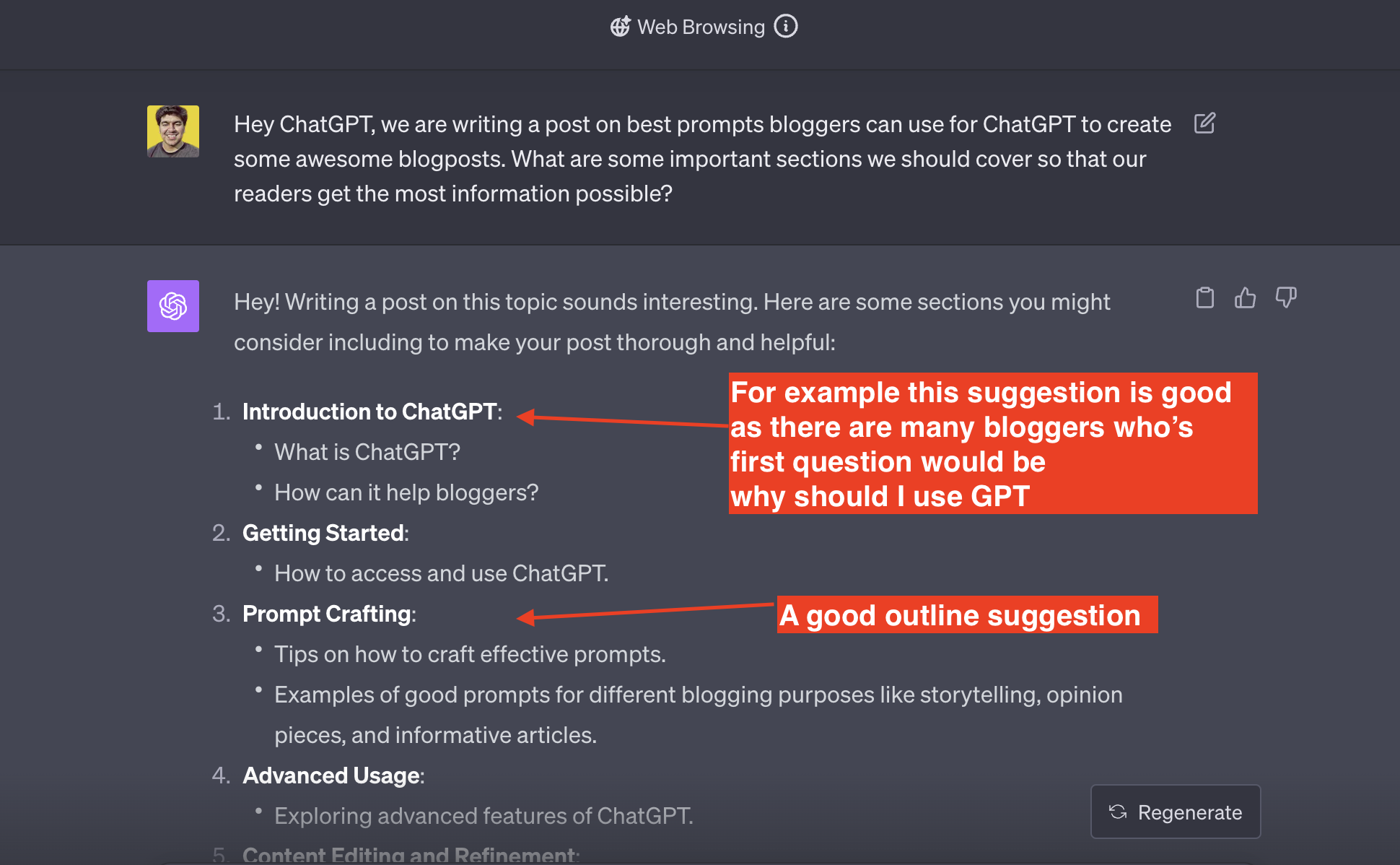 15+ ChatGPT Prompts for Bloggers (SEO, Outlining And More) 1 ChatGPT gave us some suggestions for this post