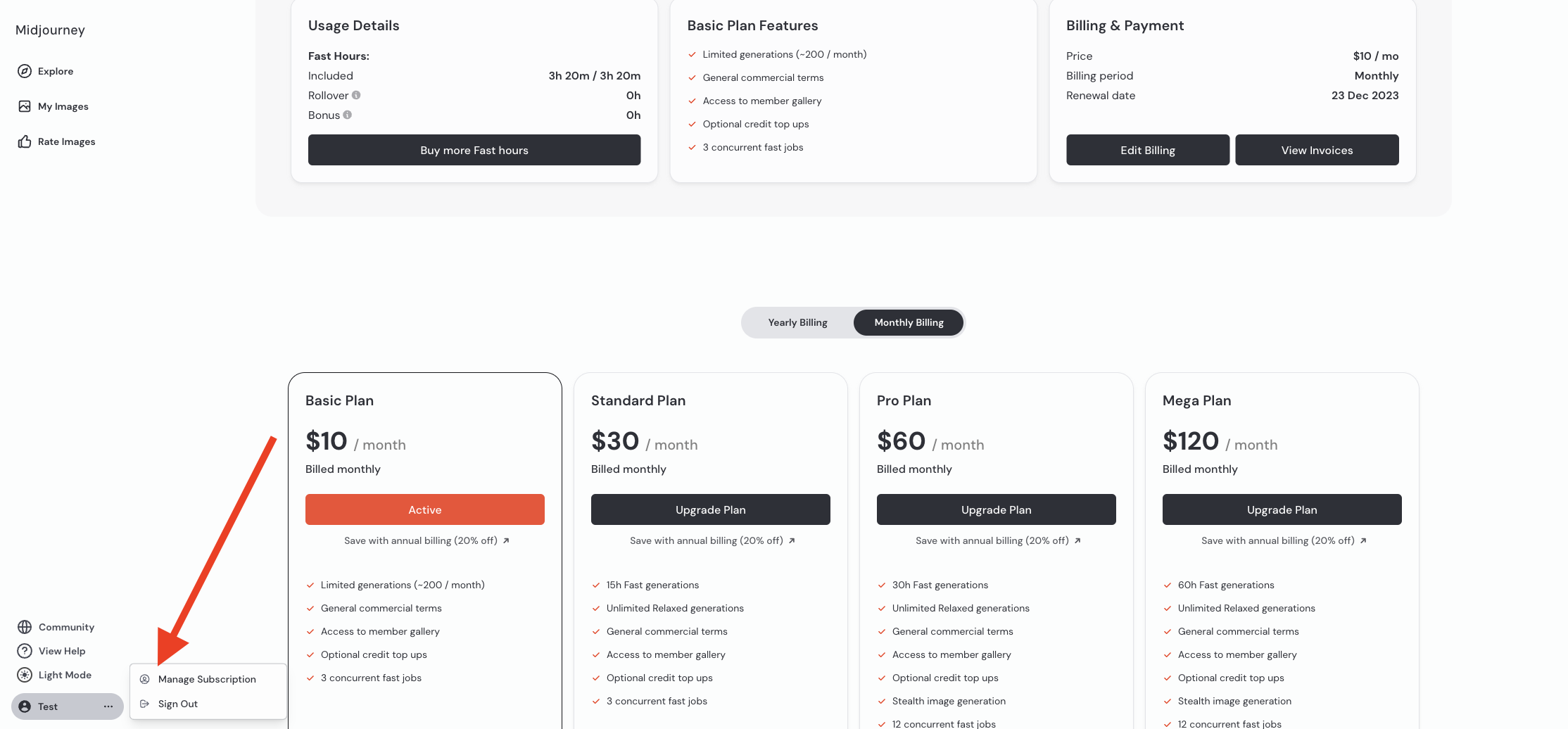 How to Cancel Your Midjourney Subscription (Simple Steps) 3 click manage subscription button