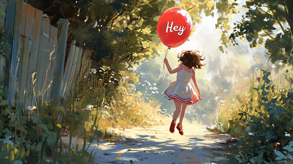 midjourney adding text to image example girl walking with balloon