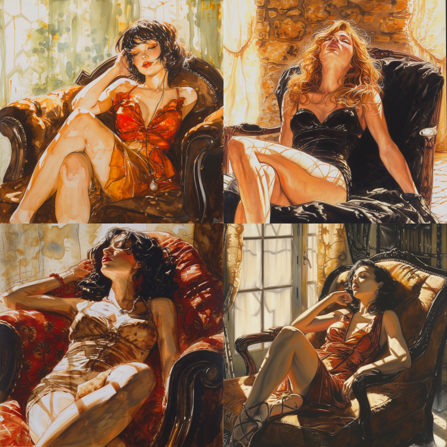 10 Best Midjourney Prompts for Wall Art 10 woman reclining on a chaise longue milo manara style