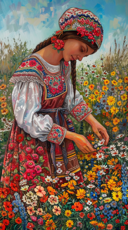 10 Best Midjourney Prompts for Wall Art 2 a young women picking flowers, wall art, ukrainian folk art style