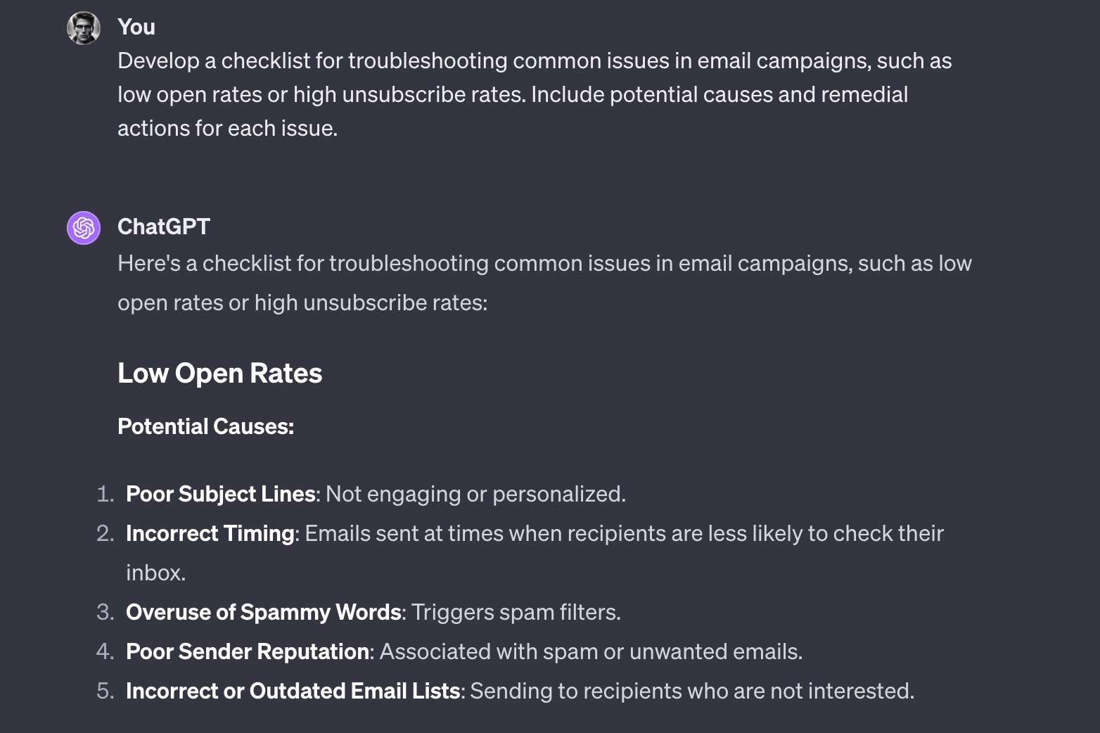 70+ ChatGPT Prompts for Email Marketing 6 Prompts to improve email performance, illustrated in chatGPT