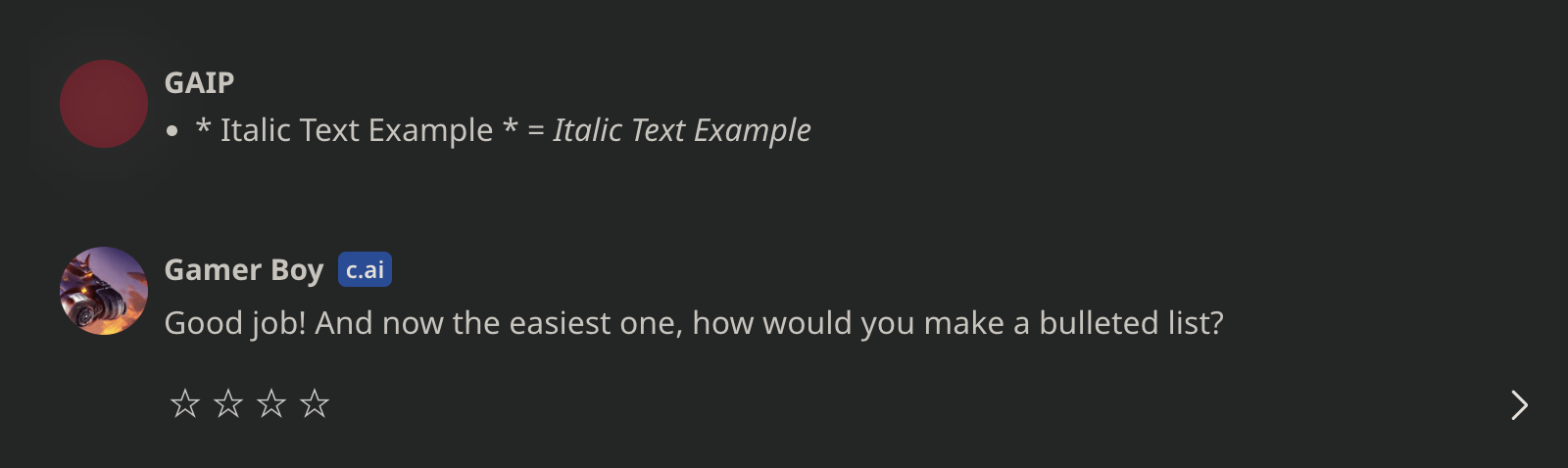 Character.ai Text Formatting Commands: (Tool + Guide) 4 Character.ai italic formatting