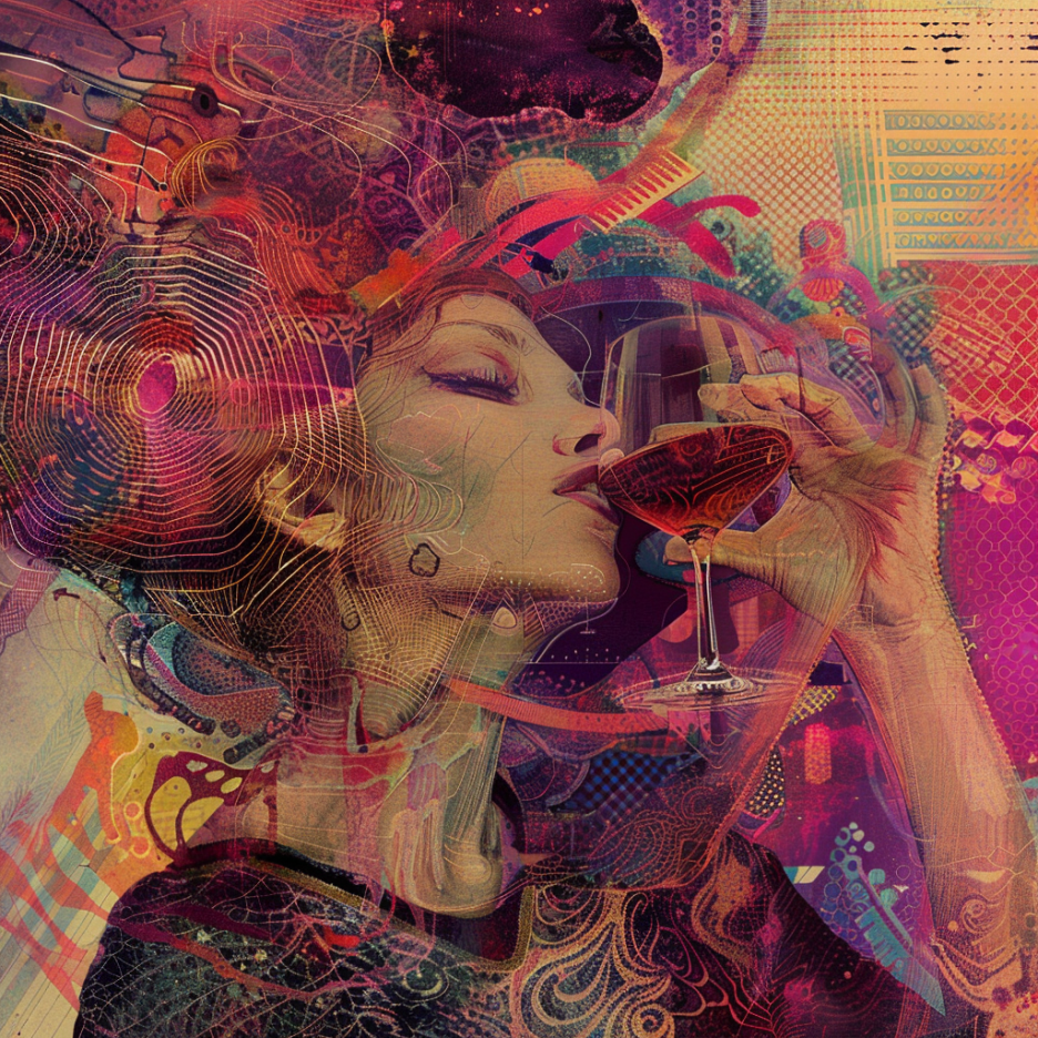 35 Best Midjourney Prompts for Album Covers 5 album art with a women drinking wine, abstract experimental style