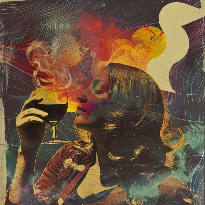 35 Best Midjourney Prompts for Album Covers 6 album art with a women drinking wine, abstract experimental style