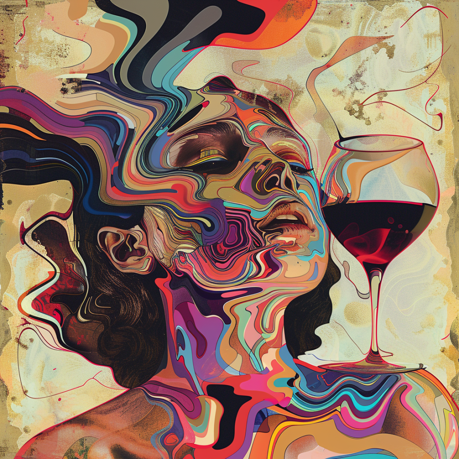 35 Best Midjourney Prompts for Album Covers 7 album art with a women drinking wine, abstract experimental style
