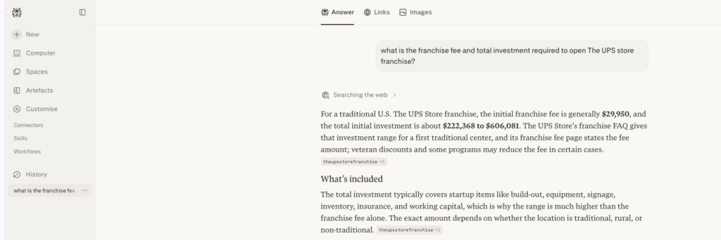Perplexity answer showing The UPS Store franchise fee, total investment range, and included startup costs