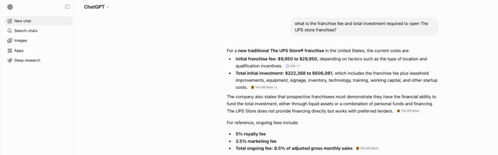 ChatGPT answer outlining The UPS Store franchise fee, total investment range, and ongoing fees
