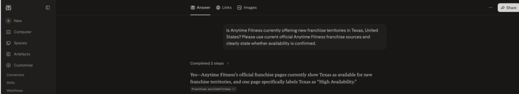 Perplexity response confirming Anytime Fitness franchise opportunities in Texas using current web sources
