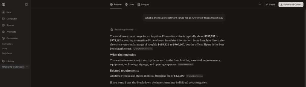 Perplexity answer showing the estimated total investment range for an Anytime Fitness franchise