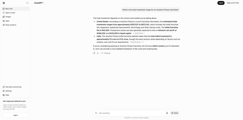 ChatGPT answer showing the estimated total investment range for an Anytime Fitness franchise