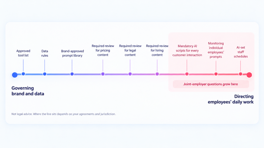 Your Franchisees Are Already Using AI. Here's How to Control It Without Slowing Them Down 3 Spectrum showing AI governance controls from low to high joint-employer sensitivity.