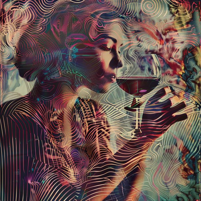 album art with a women drinking wine, abstract experimental style